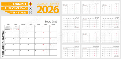 Spanish calendar planner for 2026. Spanish language, week starts from Monday.