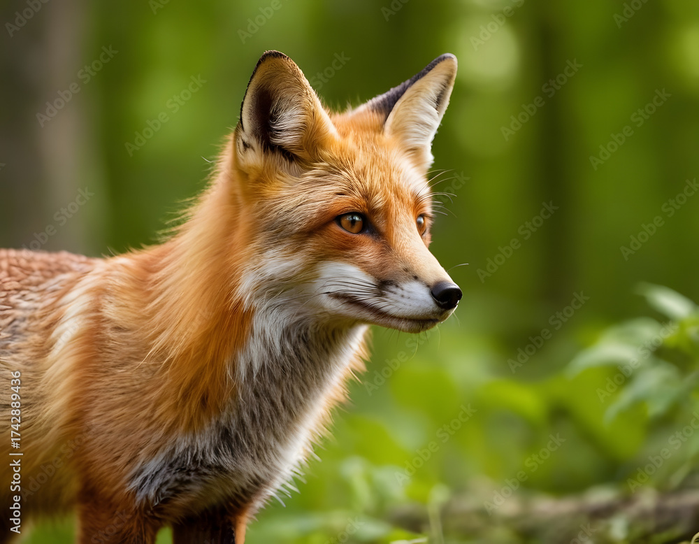 Fototapeta premium red fox in the wild, Red fox in summer forest, fox background