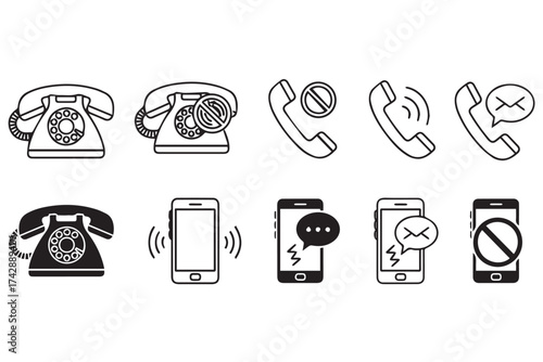 A collection of icons representing old rotary phones and modern smartphones, symbolizing communication evolution isolated on transparent background