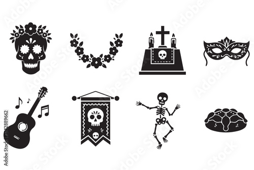 Day of the dead celebration icons and symbols isolated on transparent background