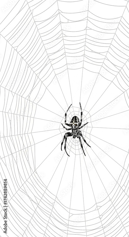 Obraz premium Spider in center of intricate spiderweb, radiating lines create geometric pattern, showcasing nature's design and delicate balance