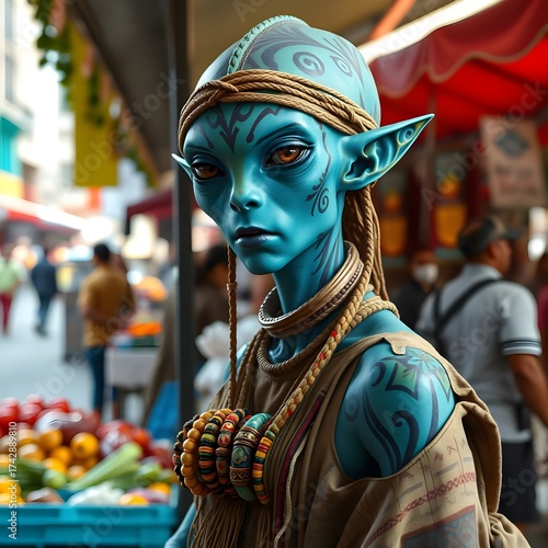 alien blue figure in a street market 