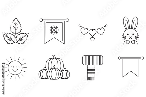 Collection of seasonal icons including leaves, snowflake banner, heart garland, bunny, sun, pumpkins, scarf, and blank banner, isolated on transparent background