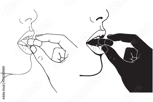 Closeup illustration of a persons lips being touched by fingers, with a pill being placed into the mouth, in both line art and silhouette styles isolated on transparent background