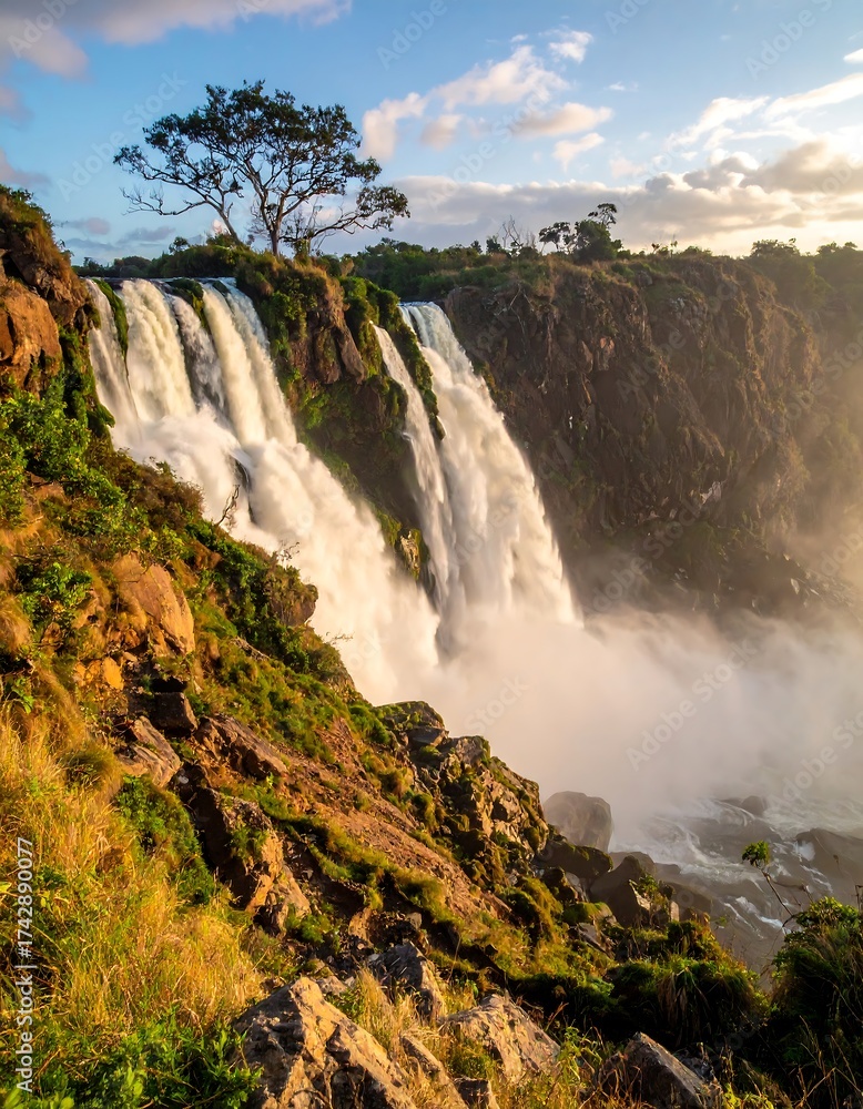 Fototapeta premium Majestic cascading waterfalls tumbling down rocky cliffs with a tree on top