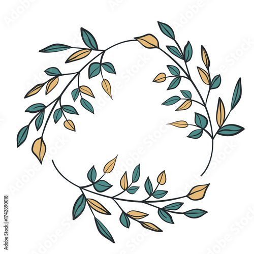 Hand drawn plants, dividers, wreaths, border frames. Circle floral frame with leaves on white background. Vector hand drawn illustration for wallpaper, posters, card. Copy space. Doodle style.