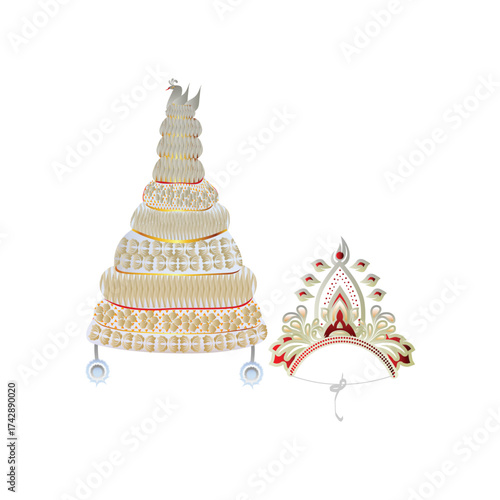 Elegant Bengali Groom and Bride topor with Ornate Design,  Bengali wedding topor vector design png , Topor Mukut of Groom and Bride Set for Bengali Wedding illustration  transparent background
