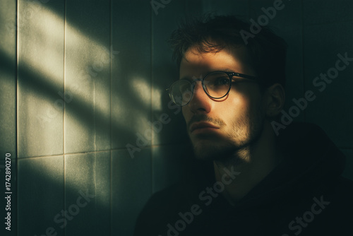 Pensive Young Man Sitting in Shadow with Dramatic Light and Glasses – Concept of Loneliness, Depression and Mental Health Awareness