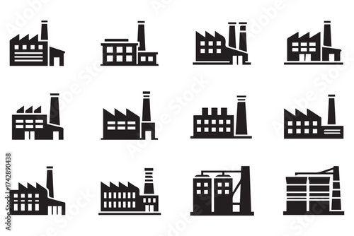 Collection of factory building icons with chimneys and windows, industrial architecture symbols isolated on transparent background