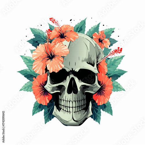 A creative and detailed vector illustration featuring a human skull elegantly adorned with vibrant tropical hibiscus blooms and lush green foliage, perfect for edgy or floral-themed designs