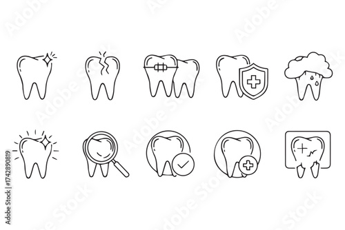 Collection of dental care icons representing various aspects of oral hygiene and treatment, isolated on transparent background