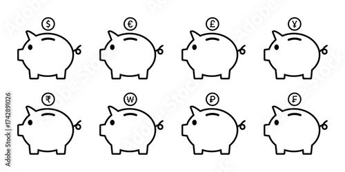 Piggy banks with global currency outline icons in black stroke vector illustration, saving and finance concept