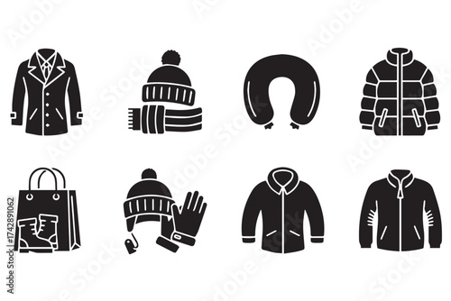 Winter apparel and outerwear icons, isolated on transparent background