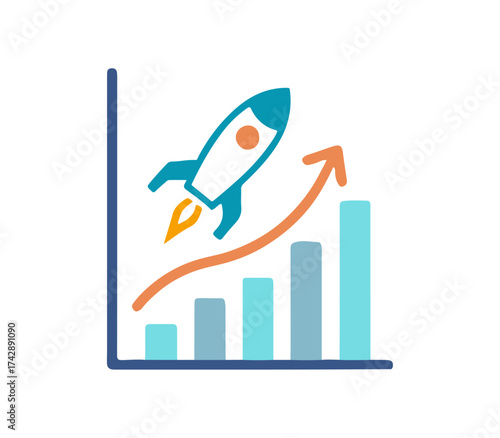 Rocket ship launching upwards on a rising bar graph indicating business growth and successful startup launch