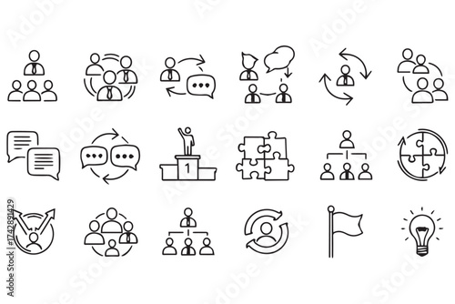 Handdrawn doodle icons representing business concepts like teamwork, communication, strategy, leadership, and problemsolving, isolated on transparent background