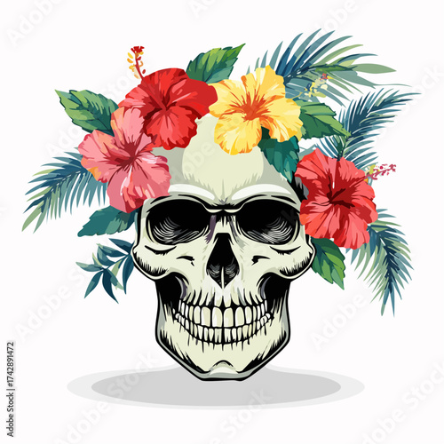 A detailed vector illustration of an artistic human skull beautifully adorned with a crown of blooming tropical hibiscus flowers