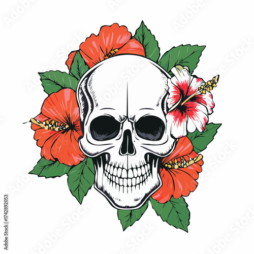A creative and detailed vector illustration of a human skull beautifully combined with blooming tropical hibiscus flowers