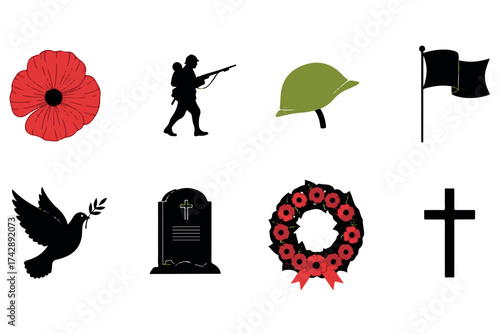 Set of remembrance symbols including a poppy, soldier, helmet, flag, dove, tombstone, wreath, and cross, isolated on transparent background
