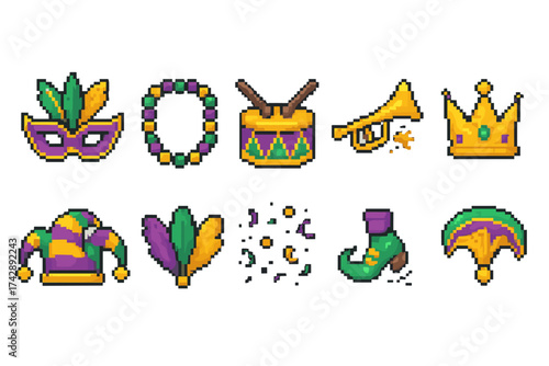 Carnival, mardi gras pixel icon set. festive, celebration icons in 3d style