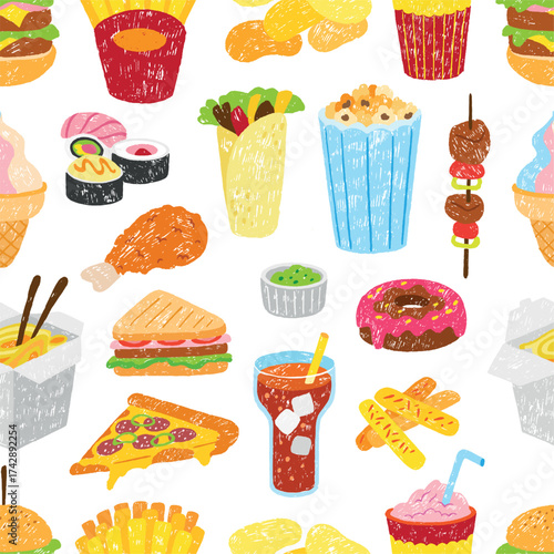 Fast food seamless pattern. Crayon drawing pizza burger popcorn sushi sandwich. Children drawn style print template for fabric, neoteric vector background