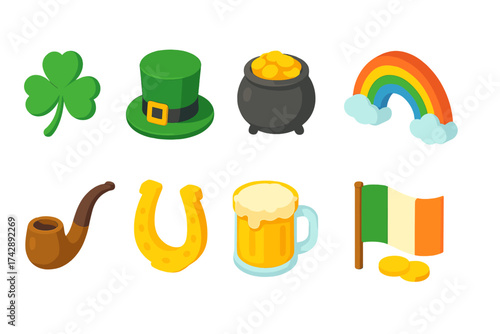 St. patrick's day 3d icon set: shamrock, leprechaun hat, rainbow, and more