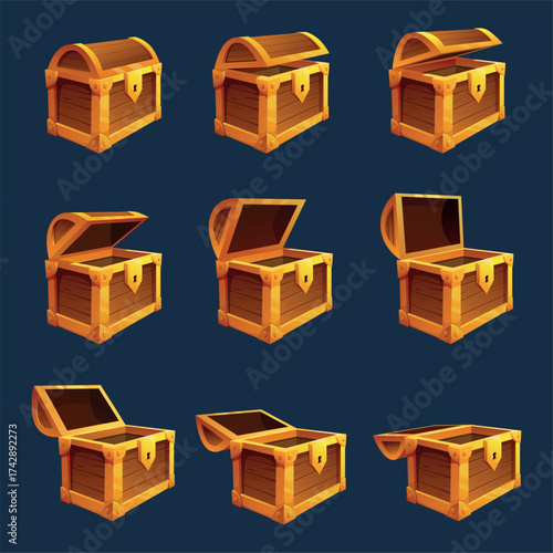 Wooden chest. Animation of opened and closed pirate chest for coins, jewelry, treasure. Interior element of medieval castle or palace for riches, sapid vector set