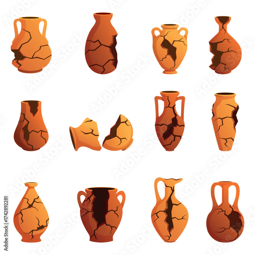 Cartoon broken clay pots. Antique jugs, various shards and archaeological finds. Crockery roman greek style, pottery artifacts, sapid vector set