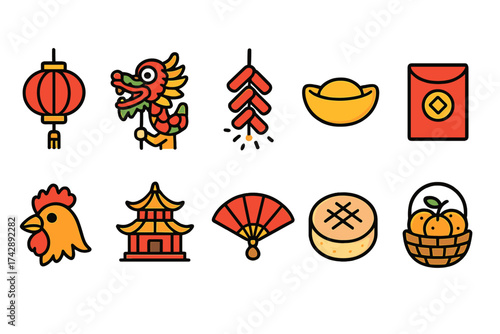 Chinese new year flat icon set. festive, cultural symbols collection.