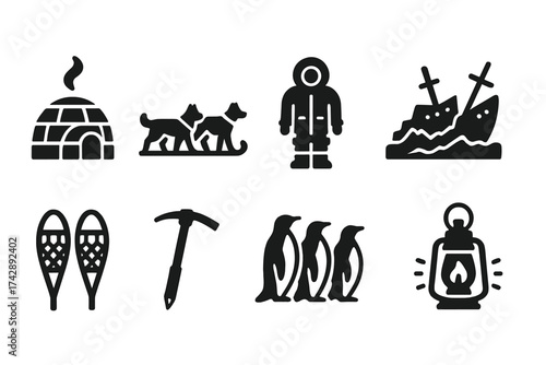 Arctic exploration solid icon set: adventure, wildlife, survival icons solid collection