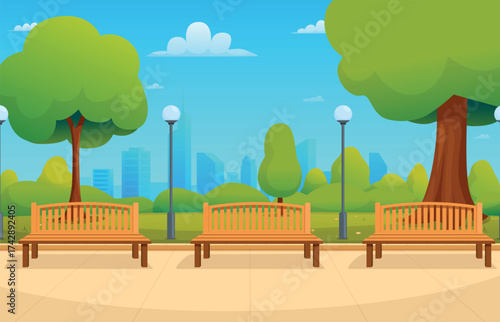 Empty city park. Wooden bench, tree, lantern. Cartoon outdoor public place for rest, jogging, walking. Urban modern architecture, sapid vector illustration