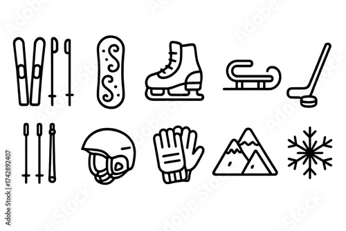 Winter sports outline icon set. skiing, snowboarding, skating, hockey icons collection.