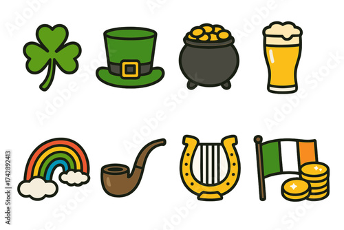 St. patrick's day icon set. irish culture, festive symbols, outline style collection