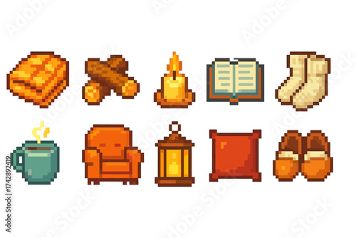 Cozy home, winter pixel icon set. warm, comfort icons pixel collection
