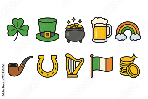 St. patrick's day filled icon set. festive holiday symbols in vibrant colors
