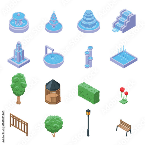 Isometric garden elements. Outdoor design architecture 3d objects. Fountains with water, bush, hedge and wooden fence, bench. Urban nifty vector set