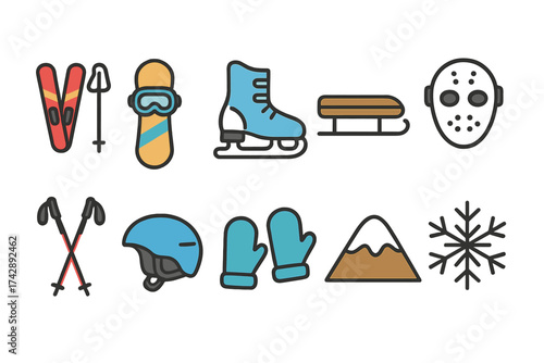 Winter sports outline icon set. snowboarding, skiing, ice skating, mountain, sled
