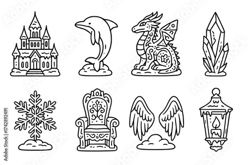 Fantasy, magic outline icon set. enchanted creatures and objects in outline style