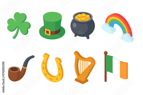 Irish culture flat icon set. st. patrick’s day symbols and traditions in flat style.