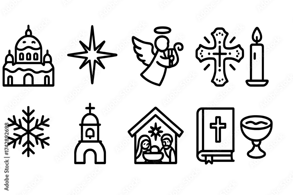 Fototapeta premium Religion and christmas line icon set. church, holiday symbols, and nativity outline icons.