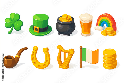 St. patrick's day 3d icon set. irish luck, celebration, holiday symbols collection
