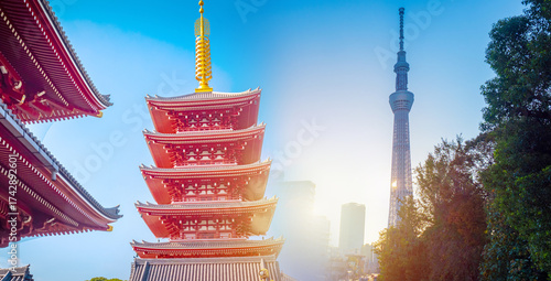 Traditional red pagoda with...