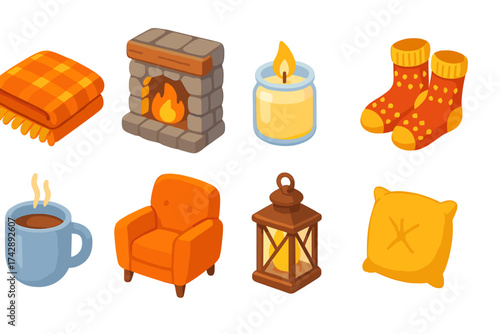 Cozy autumn flat icon set. warm, relaxing elements in a flat cozy style collection