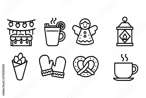Christmas market line icon set. festive, holiday decorations, winter icons collection