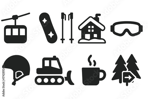 Winter sports silhouette icon set. skiing, snowboarding, winter gear solid collection