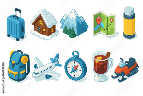 Travel and tourism 3d icon set. vacation, map, adventure, and travel essentials