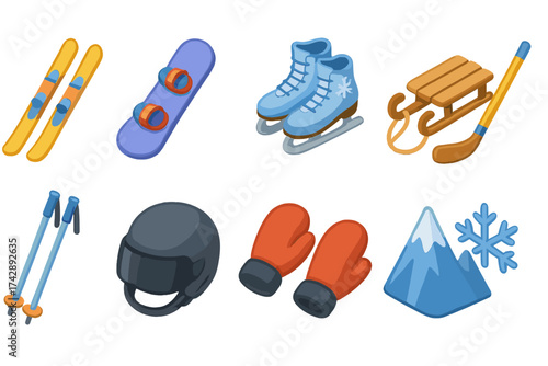 Winter sports 3d icon set. skiing, snowboarding, ice skating, and sledding icons.