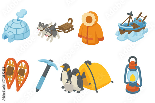Winter adventure 3d icon set. arctic camping, sledding, and wildlife icons collection