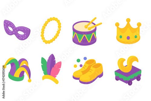 Mardi gras carnival icon set. bright 3d celebration and festival symbols collection.