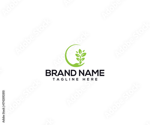 Nurturing Brand: A verdant logo featuring a protective hand cradling flourishing plants, symbolizing growth, and care, representing a brand. 
