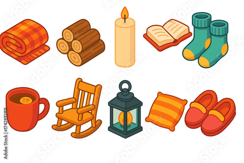 Cozy winter flat icon set. blanket, candle, socks, slippers, and more winter essentials
